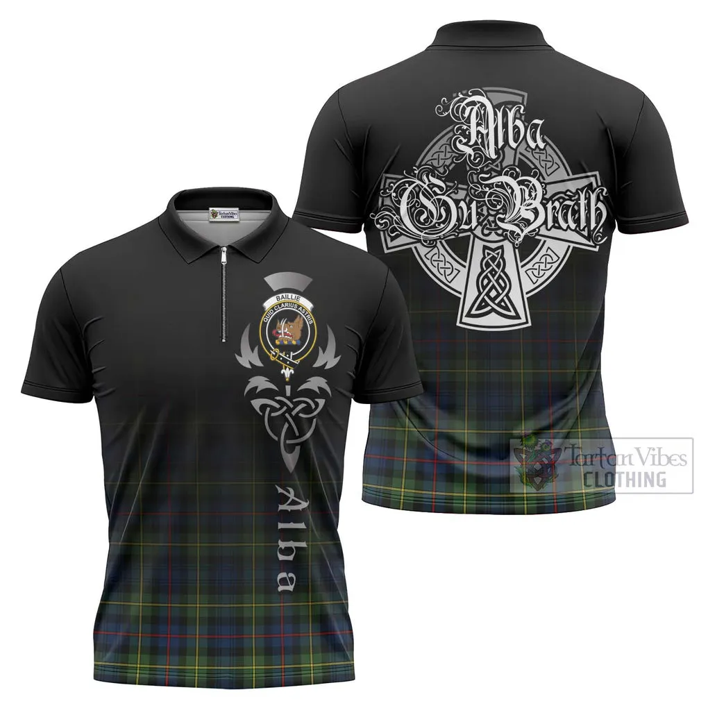 Baillie (Bailey) Tartan Zipper Polo Shirt Featuring Alba Gu Brath Family Crest Celtic Inspired