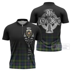 Baillie (Bailey) Tartan Zipper Polo Shirt Featuring Alba Gu Brath Family Crest Celtic Inspired