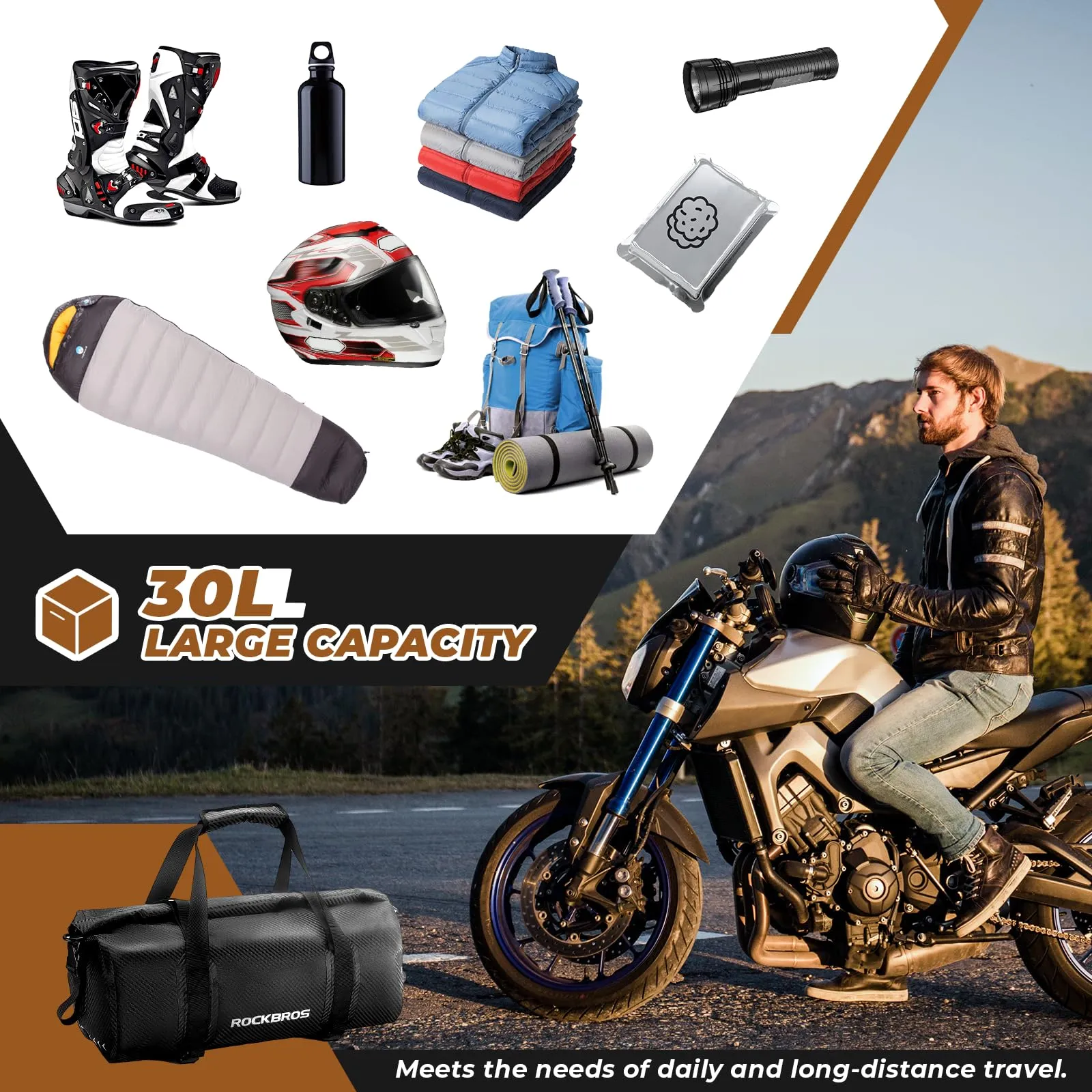 ROCKBROS Motorcycle Tail Bag 100% Waterproof Motorcycle Travel Luggage Bag
