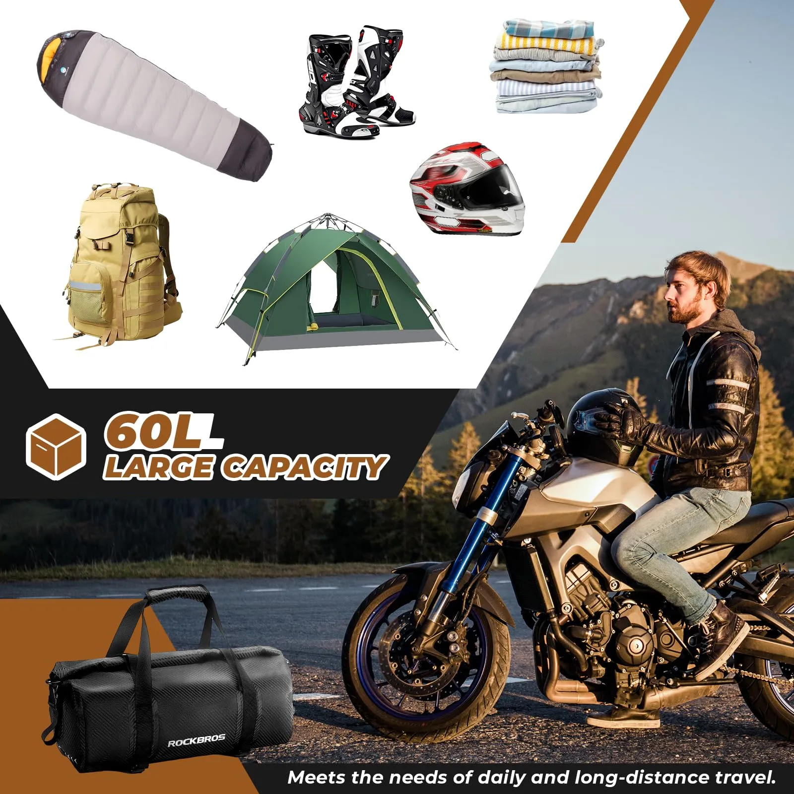 ROCKBROS Motorcycle Tail Bag 100% Waterproof Motorcycle Travel Luggage Bag