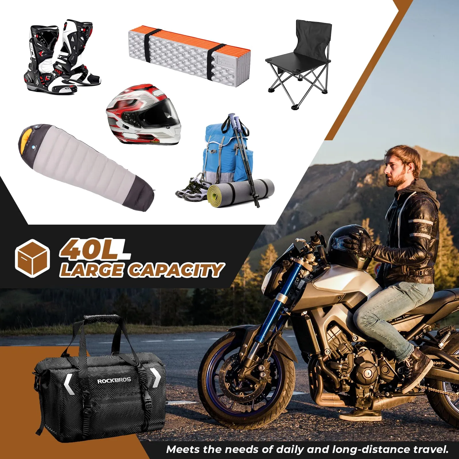 ROCKBROS Motorcycle Tail Bag 100% Waterproof Motorcycle Travel Luggage Bag