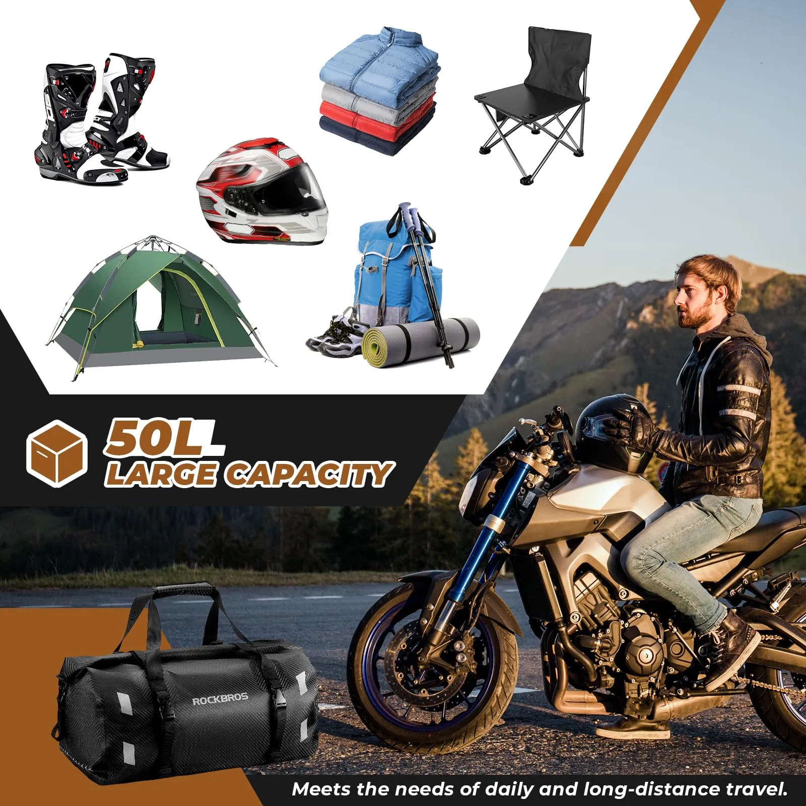 ROCKBROS Motorcycle Tail Bag 100% Waterproof Motorcycle Travel Luggage Bag