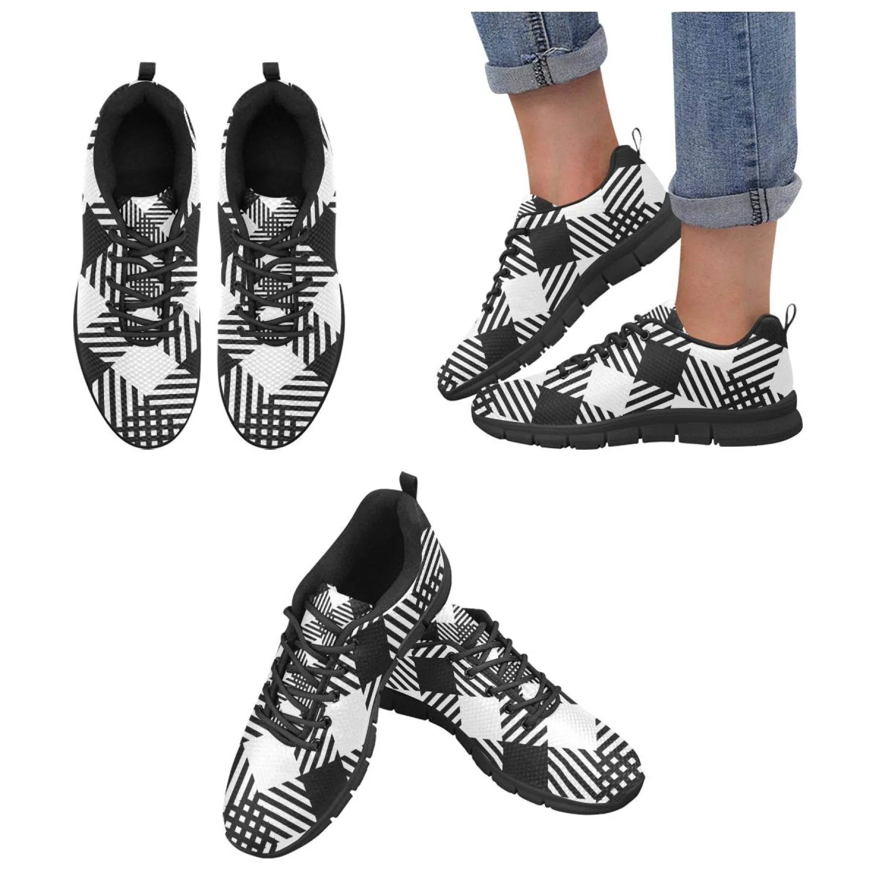 Uniquely You Womens Sneakers, Black and White Plaid Print Running Shoes by inQue.Style