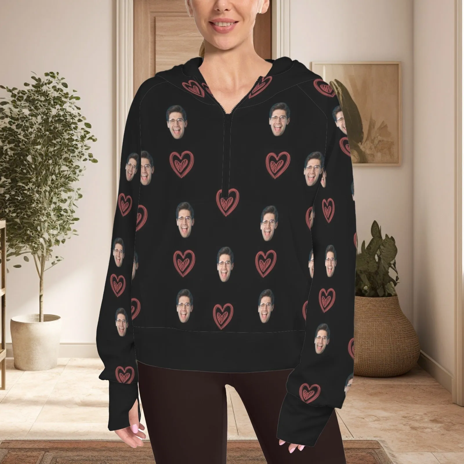 Women's Half Zip Cropped Hoodies Custom Face Love Heart Fleece Athletic Pullover Hoodies with Pockets Thumb Hole