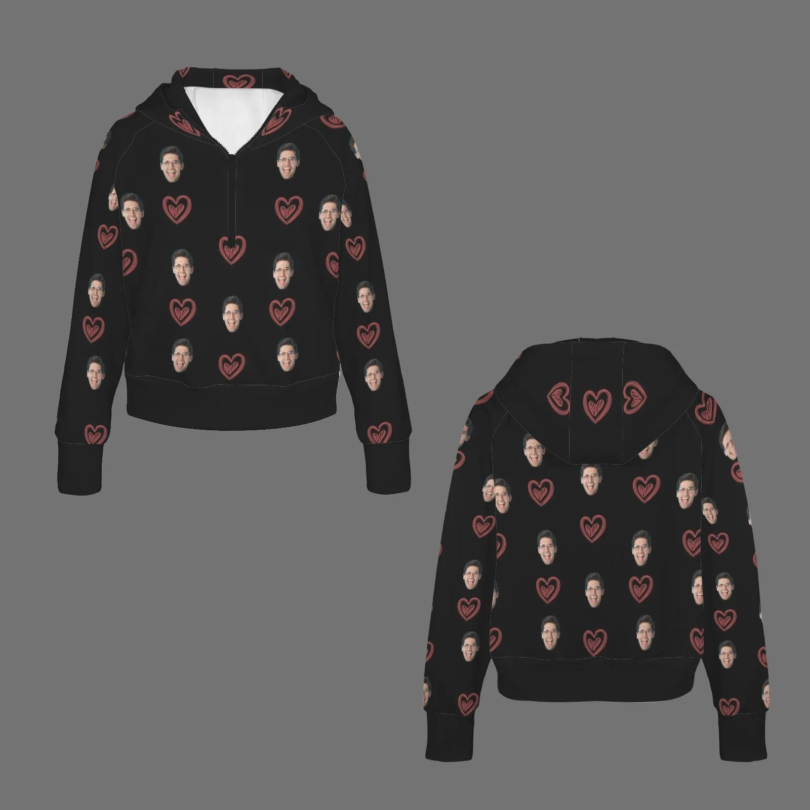 Women's Half Zip Cropped Hoodies Custom Face Love Heart Fleece Athletic Pullover Hoodies with Pockets Thumb Hole
