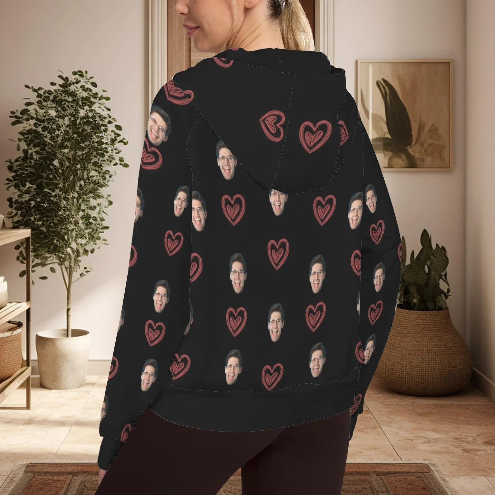 Women's Half Zip Cropped Hoodies Custom Face Love Heart Fleece Athletic Pullover Hoodies with Pockets Thumb Hole