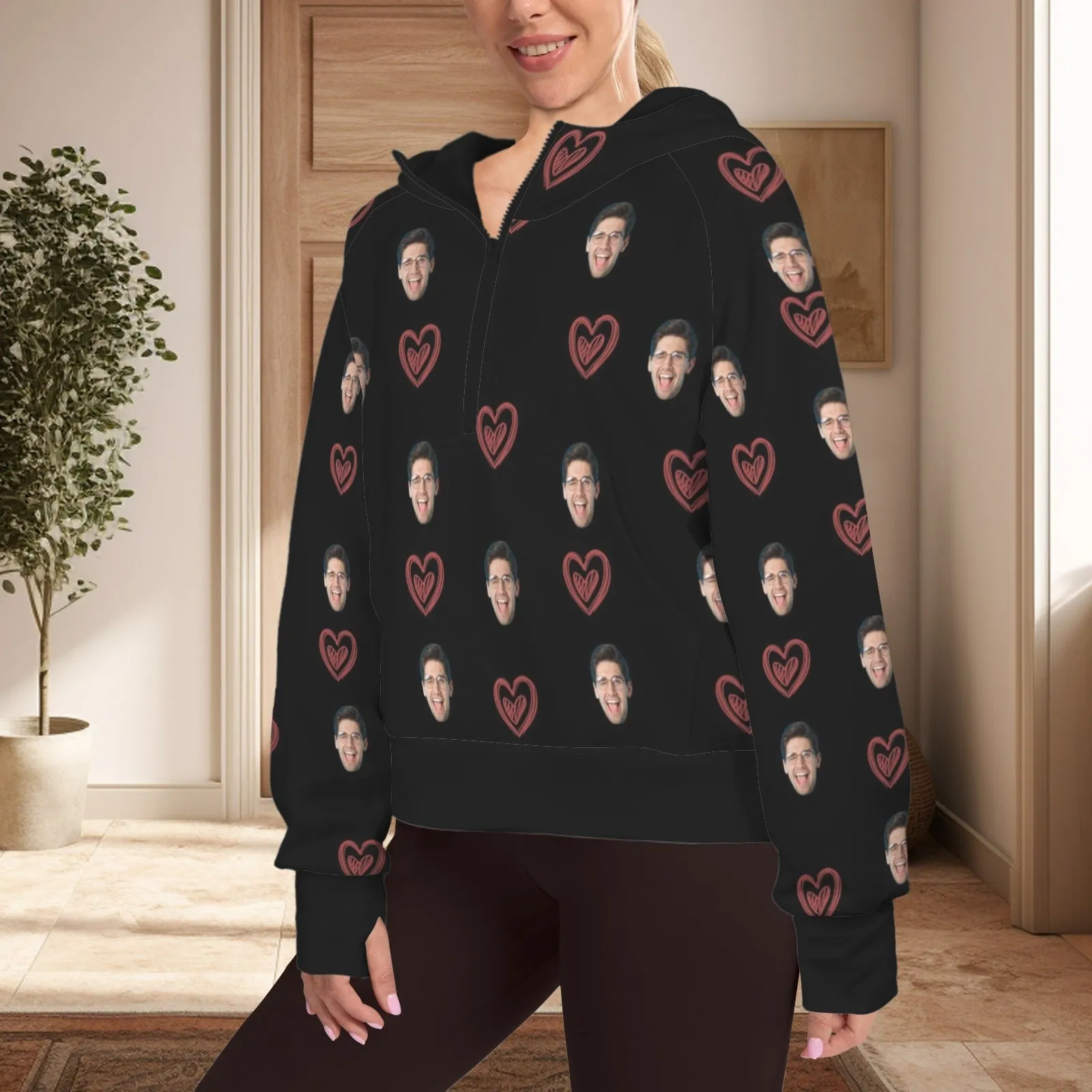 Women's Half Zip Cropped Hoodies Custom Face Love Heart Fleece Athletic Pullover Hoodies with Pockets Thumb Hole