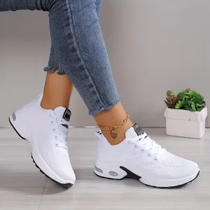 Womens Low-Top Air Cushion Sneakers - Shock Absorbing, Breathable, Comfortable, and Lightweight Fabric Shoes for Outdoor Sports and Daily Wear - All-Season, Lace-Up, Solid Color, and MD Sole